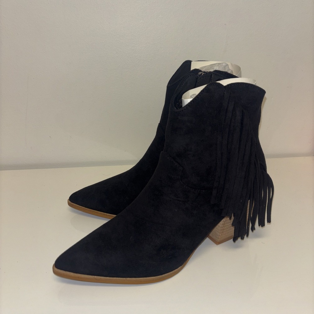 Beast Fashion Womens Black Fringe Ankle Boots Pointed Toe Block Heel Sz 8.5 NEW - Picture 6 of 9